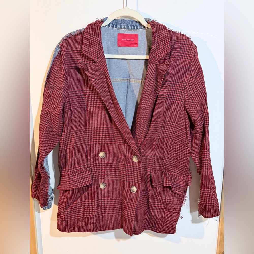 Red/Black Houndstooth Double-Breasted Jean Blazer